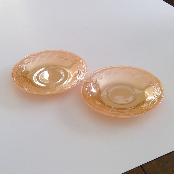 S/2 Vintage Fire King Peach Lusterware Iridescent Laurel Wreath Saucers 5 3/4" - Picture 1 of 5